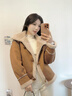 香影麂皮絨短外套女2025冬季新款立領(lǐng)拼接寬松休閑復古高級感上衣 焦糖色 XS 曬單實(shí)拍圖