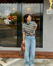 BASIC HOUSE/百家好美式彎刀褲女2025春季高腰直筒顯瘦蘿卜牛仔褲 牛仔藍(lán) XL 曬單實(shí)拍圖