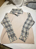 妃奧絨長(cháng)袖格子紋假兩件針織襯衫女秋冬2023年襯衫領(lǐng)套頭上衣打底衫毛衣 淺咖 L 曬單實(shí)拍圖