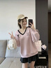LDBE美式粉色V領(lǐng)衛衣女秋冬新款加絨加厚寬松復古拼接蕾絲設計感上衣 粉色 L 曬單實(shí)拍圖