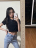啄木鳥t恤女短款上衣修身打底內(nèi)搭夏季新款高腰露臍短袖修身上衣 黑色【圓領(lǐng)】 L (95-105斤) 曬單實(shí)拍圖