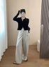 ALO YOGA瑜伽褲拼色休閑褲2025年春季新款女寬松百搭顯瘦闊腿褲直筒長褲 椰子奶油 拼色休閑闊腿褲 S 曬單實拍圖