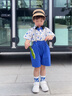 羅蒙數(shù)字背帶襯衫套裝新款帥氣時(shí)髦兒童襯衫衣服夏季短袖男童套裝 藍(lán)色四件套 100 曬單實(shí)拍圖