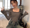 莜仙格韓系撞色條紋打底衫小眾喇叭袖方領(lǐng)正肩上衣女2025春秋季長袖T恤 灰色 M 曬單實拍圖