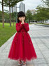 小咔衣濃女童紅色主持人禮服裙花童婚紗兒童長(cháng)袖生日鋼琴演出服公主裙秋冬 酒紅色長(cháng)袖長(cháng)款（加絨） 120 曬單實(shí)拍圖