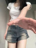 fredrical美式復古水洗做舊牛仔短褲女夏季高腰顯瘦a字百搭小個(gè)子辣妹熱褲 *主圖色* L 曬單實(shí)拍圖
