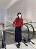 唐菓蜜針織連衣裙女2024秋冬新款女裝韓版時(shí)尚百搭減齡風(fēng)新年紅色套裝裙 紅色毛衣+黑色吊帶裙 M 曬單實(shí)拍圖