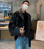 杭潮社黑色墊肩短款油蠟皮衣夾克歐美高街hiphop外套男生酷帥穿搭冬套裝 黑色三件套 XL 曬單實(shí)拍圖