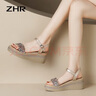 ZHR則則涼鞋女水鉆優(yōu)雅通勤女鞋時(shí)尚舒適一字帶坡跟鞋子女 M385 杏色 36  曬單實(shí)拍圖