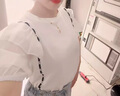 YOMC泡泡袖雪紡短袖t恤女裝夏裝2024年春秋寬松體恤小衫設(shè)計(jì)感上衣服 白色  L 曬單實(shí)拍圖