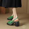 奢馳路易（SECHILOUIS）百搭復古舒適透氣法式?jīng)鲂吨悍筋^拼色一字扣帶粗跟高跟鞋女 淺綠色 35 225mm 曬單實拍圖