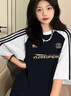 LDBE撞色插肩純棉三條杠短袖t恤女夏季美式復(fù)古小個(gè)子設(shè)計(jì)感半袖上衣 深藍(lán)拼灰色袖 M 曬單實(shí)拍圖