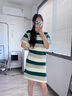 clotho Rennie品牌女裝條紋連衣裙女2025夏季新款氣質(zhì)寬松遮肉顯瘦圓領(lǐng)中長(cháng)裙子 綠色 M 曬單實(shí)拍圖