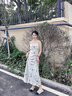 香影新中式碎花吊帶裙女2025秋季新款高級感水墨不規則無(wú)袖連衣裙 果綠 S 曬單實(shí)拍圖