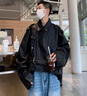 杭潮社黑色墊肩短款油蠟皮衣夾克歐美高街hiphop外套男生酷帥穿搭冬套裝 黑色三件套 XL 曬單實(shí)拍圖