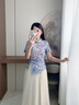 芭蒂娜新中式旗袍領(lǐng)印花t恤短款上衣女2024夏季新款立領(lǐng)壓褶短袖 藍(lán)印花 M 曬單實(shí)拍圖
