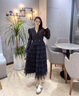 AUI西裝連衣裙女2023秋季新款名媛氣質(zhì)假兩件黑色中長款網(wǎng)紗蛋糕裙 黑色 S 曬單實(shí)拍圖
