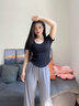 凡小如短袖t恤女夏季微胖mm大碼新款正肩方領(lǐng)休閑寬松顯瘦遮肚子體恤 黑色 L碼【建議90-102斤】 曬單實(shí)拍圖