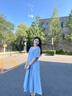 獨(dú)束大碼女裝氣質(zhì)簡約立體花連衣裙女夏裝新款收腰A字中長款裙子 柔和藍(lán) M (尺碼：1) 曬單實(shí)拍圖