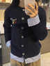 EPET設計感格子拼接慵懶風(fēng)復古別針假兩件針織衫外套女秋冬毛衣開(kāi)衫潮 藏青色 M 建議95-110斤 曬單實(shí)拍圖