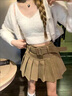 潔萍雅卡其色燈芯絨半身裙女2023年秋冬韓版復古百褶裙百搭高腰A字短裙 卡其色 配腰帶 M 曬單實(shí)拍圖