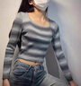 柯蘭娜設(shè)計(jì)感條紋方領(lǐng)短款上衣女長(zhǎng)袖t恤女春秋甜辣修身內(nèi)搭打底針織衫 黑色長(zhǎng)袖 均碼 適合70-90斤 曬單實(shí)拍圖