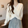 嵐杳不規(guī)則交叉v領(lǐng)套頭毛衣女春秋內(nèi)搭寬松慵懶短款針織衫上衣設(shè)計感 白色【軟糯親膚】 M 曬單實拍圖