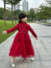 小咔衣濃女童紅色主持人禮服裙花童婚紗兒童長(cháng)袖生日鋼琴演出服公主裙秋冬 酒紅色長(cháng)袖長(cháng)款（加絨） 120 曬單實(shí)拍圖