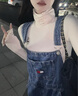 TOMMY JEANS【工裝闊腿】秋冬女美式潮流大口袋刺繡直筒牛仔背帶褲 牛仔藍1A5 S 曬單實拍圖