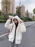 AEMAPE奶fufu兔耳朵可愛(ài)仿羊羔毛外套女冬2025新款加絨加厚軟糯毛茸棉服 白色加棉 加厚 L 建議115-130斤 曬單實(shí)拍圖