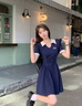 DXOT大碼polo領(lǐng)連衣裙女春夏新款微胖妹妹減齡收腰A字顯瘦學(xué)院風(fēng)長裙 藏藍(lán)拼杏（長款） M 建議85-100斤 曬單實(shí)拍圖