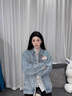 QGF美式復古牛仔外套女春秋季開衫寬松長袖上衣小眾chic翻領休閑夾克 淺藍色 M 曬單實拍圖