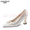 James Kevin高跟淺口單鞋女尖頭珍珠水鉆粗跟婚鞋2024春秋新款洋氣配旗袍鞋子 香檳色 38 240mm 曬單實(shí)拍圖
