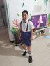 小熊精靈（xiaoxiongjingling）禮服胖童男童小西服加肥加大西裝夏主持人演講短袖兒童背帶褲套裝 百褶襯衫+藍格短褲+襪子背帶領(lǐng)結 150 碼(建議體重90-102斤) 曬單實(shí)拍圖