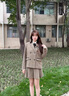 舒芳蝶（shufangdie）連衣裙女學(xué)院風(fēng)藝術(shù)系女孩棕色千鳥(niǎo)格西裝外套+百褶裙子兩件套裝  外套+裙子 M 曬單實(shí)拍圖