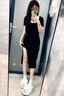 莜仙格復(fù)古連衣裙女2025春夏季新款氣質(zhì)修身純辣妹內(nèi)搭包臀裙開叉長裙女 黑色 XL 建議105-125斤 曬單實拍圖