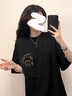 ELVM純棉短袖t恤女2025夏季新款韓版寬松中長(cháng)款印花半袖學(xué)生上衣女裝 黑色 M 【100-110斤】 曬單實(shí)拍圖