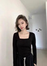 嘉麗薇方領(lǐng)打底衫女秋冬季內搭緊身長(cháng)袖T恤正肩低領(lǐng)露鎖骨上衣可外穿 黑色 M 曬單實(shí)拍圖