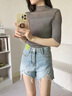 clotho Rennie品牌女裝T恤女2025春秋新款修身五分袖蕾絲網(wǎng)紗半高領針織打底衫 黑色 M 曬單實拍圖