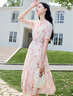 香影v領(lǐng)印花連衣裙女2025夏季新款絕美暈染木耳領(lǐng)泡泡袖雪紡裙子 粉紅 L 曬單實拍圖