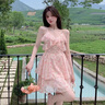 她芙（tafu）品牌女裝吊帶連衣裙女2025夏季新款法式氣質(zhì)V領(lǐng)收腰顯瘦雪紡A字裙 粉紅色 M 曬單實拍圖