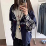 CS.LION國潮牌拼接假兩件開(kāi)衫連帽衛衣女2025春秋寬松設計感休閑百搭外套 藏青色拼接假兩件 M 80-100斤 曬單實(shí)拍圖