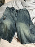 后琤美式高街牛仔短褲男寬松夏季薄款五分褲男士直筒工裝中褲半截褲子 藍色 32（140-150斤） 曬單實(shí)拍圖
