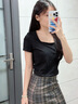 別語 方領黑色短款t恤女短袖2025年新款夏季小眾緊身露臍裝打底上衣 黑色【方領 短款】 L (100-114斤) 曬單實拍圖