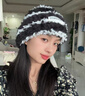 易茶新款保暖護耳針織毛線(xiàn)帽日韓顯臉小可愛(ài)小熊耳朵帽子女秋冬季帽子 條紋-黑色M18 曬單實(shí)拍圖