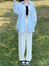 妍莉芬（yanlifen）休閑褲女夏季女裝2025茶系穿搭衣服一整套炸街時尚三件套裝褲子 藍(lán)色襯衫+米白休閑褲 XL 【120-135斤】 曬單實(shí)拍圖