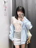 LDBE奶fufu藍(lán)色拉鏈連帽碎花開衫衛(wèi)衣女春秋薄款小個(gè)子慵懶寬松外套潮 藍(lán)色 XL 曬單實(shí)拍圖