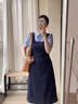 clotho Rennie品牌女裝假兩件連衣裙女2025夏季新款韓版收腰顯瘦撞色襯衫裙子 藏青色 M 曬單實(shí)拍圖