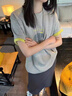 索菲堡 2025新款減齡韓版卡通短袖T恤女設計感寬松百搭撞色甜美卡通上衣 灰色    M 曬單實(shí)拍圖