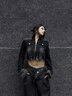IMXS牛仔短外套女春秋新款短款毛邊拉鏈翻領(lǐng)破洞水洗美式復古露臍夾克 水洗黑 M 曬單實(shí)拍圖